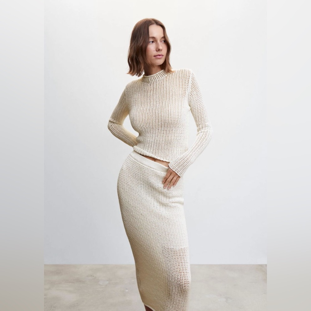 Mango Openwork Knit Sweater and Skirt Set Size Medium White